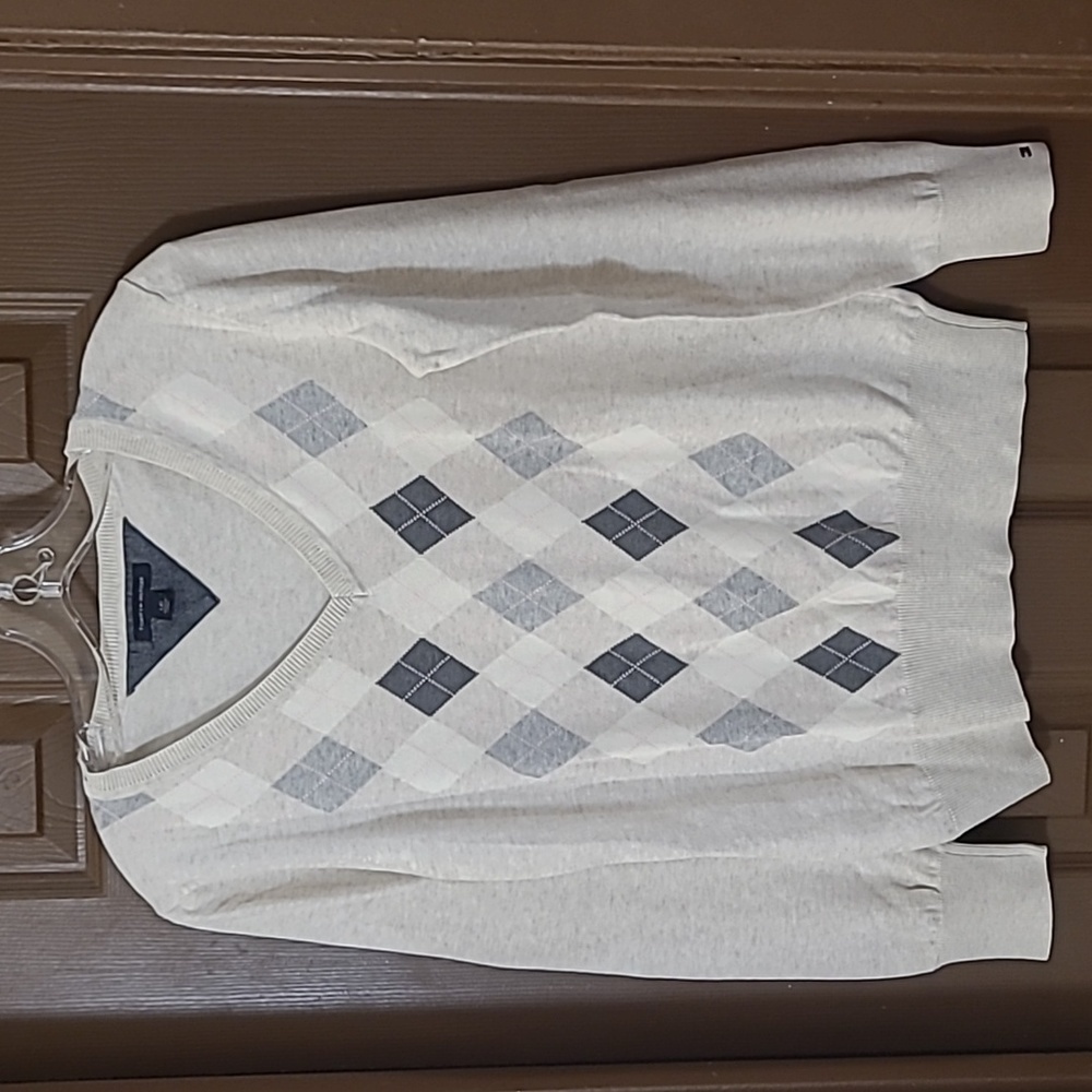 Tommy Hilfiger light grey argyle cotton fine knit vneck pullover *
